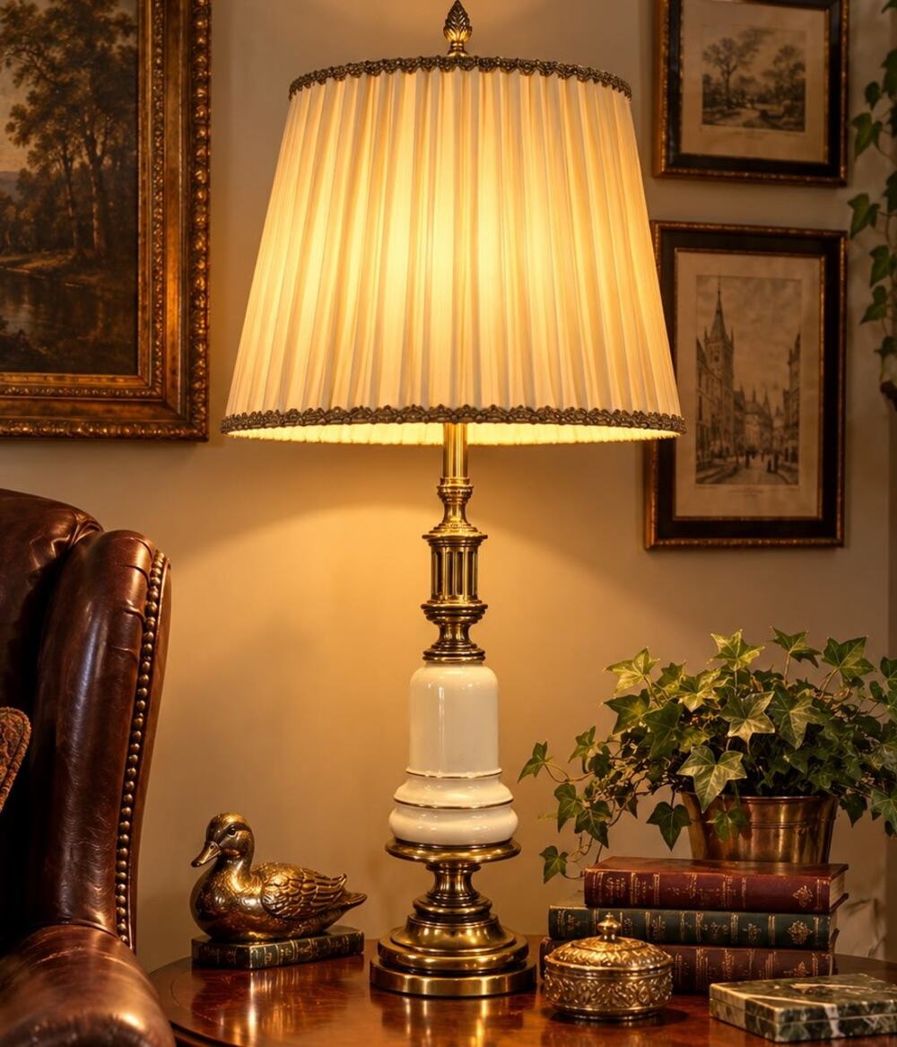 Vintage Stiffel Heavy Brass White Porcelain Table Lamp 48" Hollywood Regency